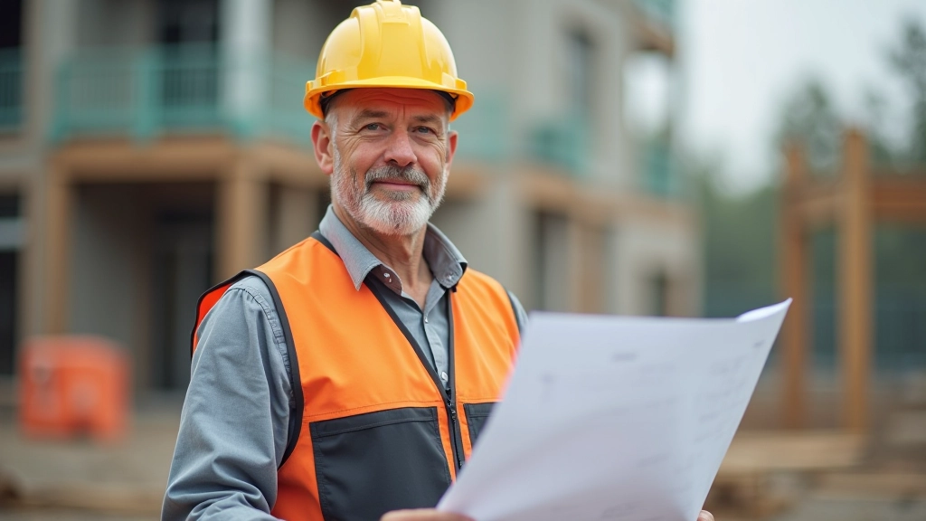 Handwerker mit Werkzeugen und Bauplan bei der Arbeit auf einer Baustelle, konzentriert bei technischer Tätigkeit