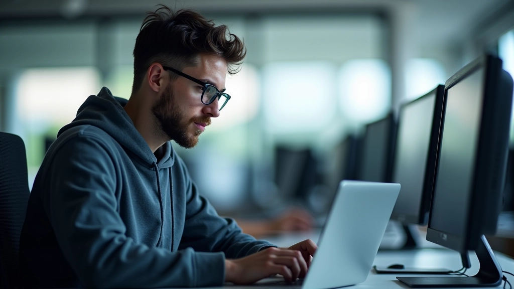 Entwickler am Laptop arbeitet konzentriert an Code, modernes Tech-Büro mit mehreren Bildschirmen