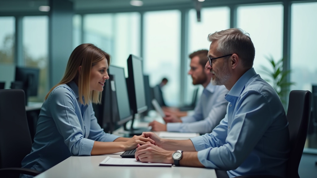 Modernes Büro mit Technologie und Zusammenarbeit zwischen verschiedenen Generationen