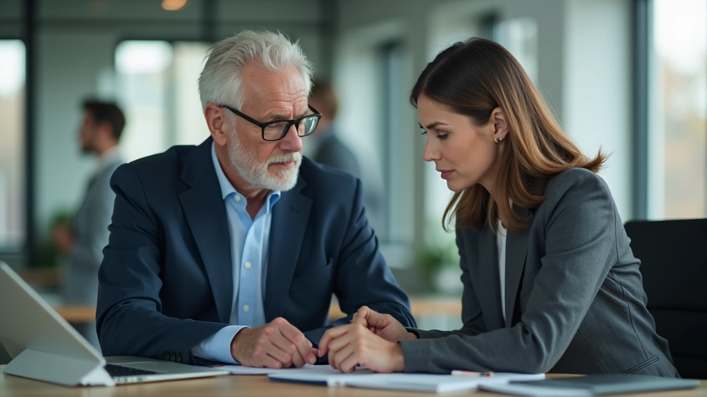 Älterer Arbeiter und jüngere Kollegin arbeiten gemeinsam an einem Projekt, Generationenübergreifende Zusammenarbeit in modernem Büro